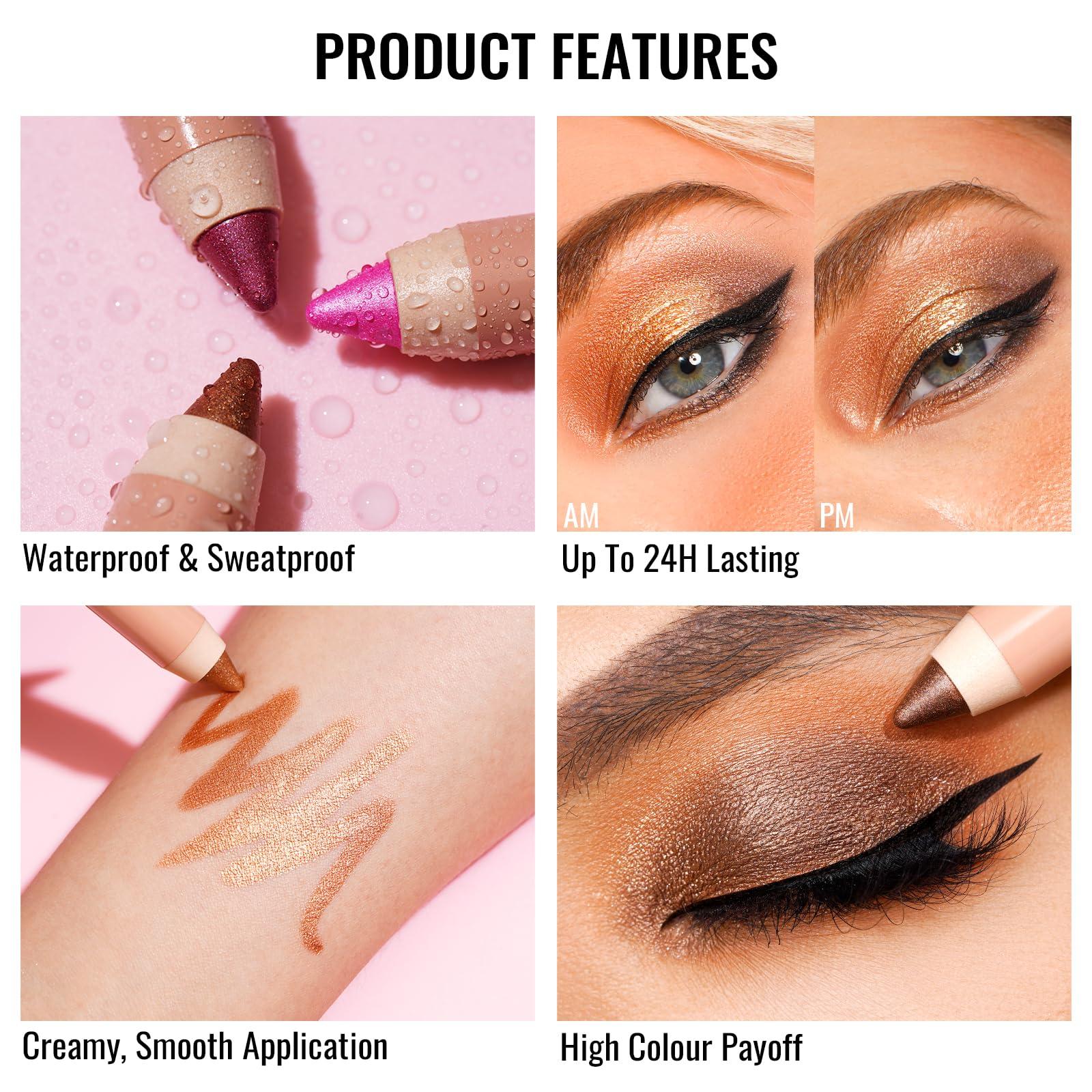 Oulac Oulac Bronze Eyeliner Pencil Waterproof - Highly Pigmented Eye Shadow Stick Smooth and Durable, Shimmering Glitter Finish, Blendable Eyes Makeup, Vegan Beauty 3.8g, (02) Gold Cone