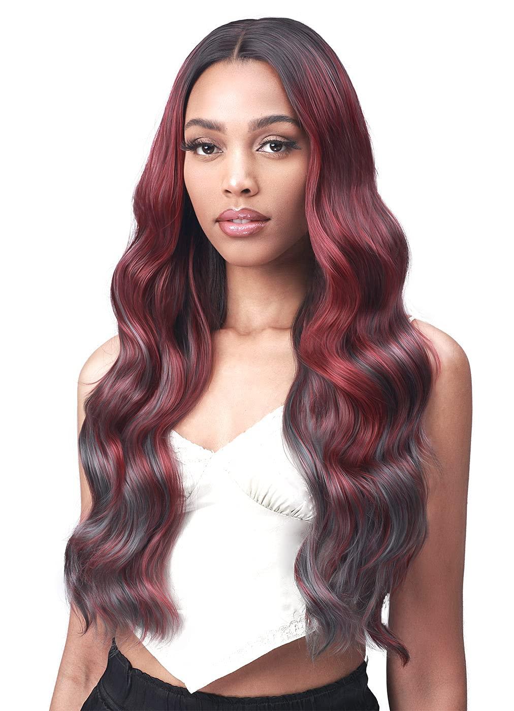 BOBBI BOSS Bobbi Boss Long Curly Synthetic Hair Wigs, 5 inch Lace Front Wig - MLF554 ROSEWOOD, Hand Tied Deep Part Lace Front Wigs with Natural Baby Hair, High Heat Resistant wigs (TC1B/BUR, Natural Black, Highlight Burgundy)