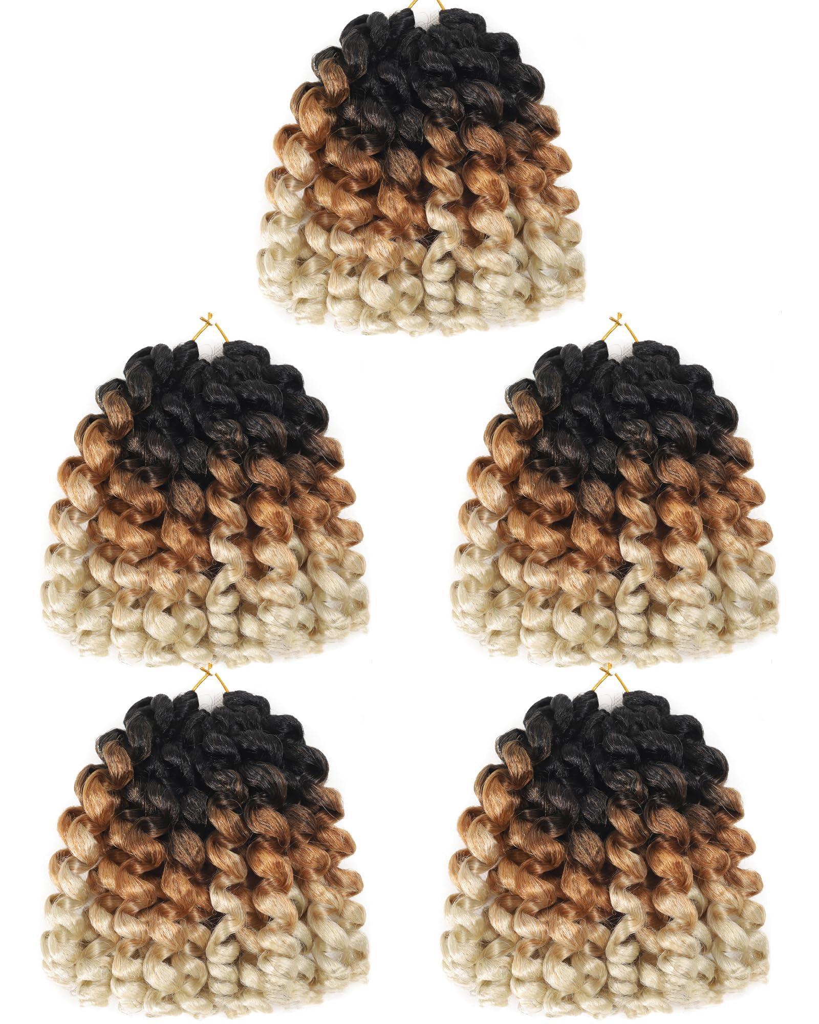 Svolna Jamaican Bounce Crochet Hair Extensions 8 inch Ringlet Wand Curl Crochet Hair Blonde Brown Ombre Curly Crochet Braids Blonde 3 Tone Ombre Crochet Braiding Hair 100 Roots