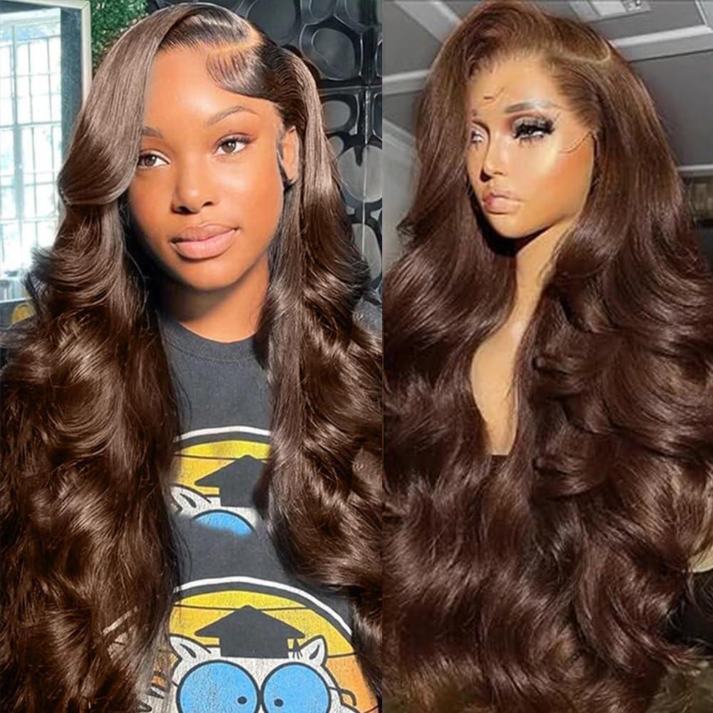 Fongly 26 Inch Chocolate brown Lace Front Wig Human Hair 13x6 HD Transparent Body Wave Lace Front Wigs Human Hair Pre Plucked Glueless Frontal Brown Wig Human Hair 200% Density Colored #4 Human Hair Wigs