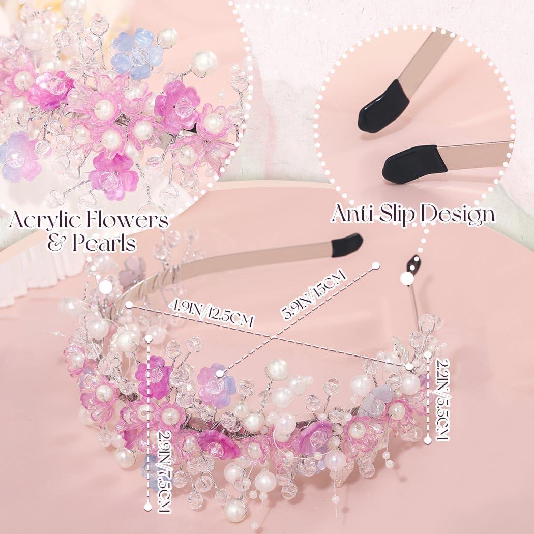Woeoe Woeoe Pearl Princess Headband Pink Flower Crystal Hair Band Birthday Wedding Communion Hair Accessories