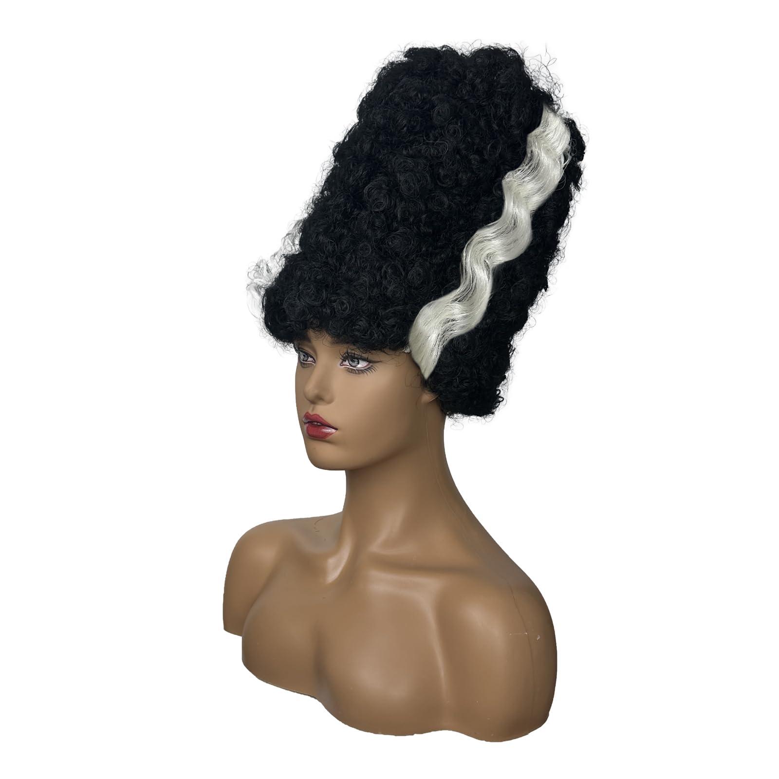 Luvfamday Luvfamday Long Black Curly Wig with White Streaks Goth Bride Wig Top Hat Two Tone Wig Halloween Cosplay Costume Wigs Women Men