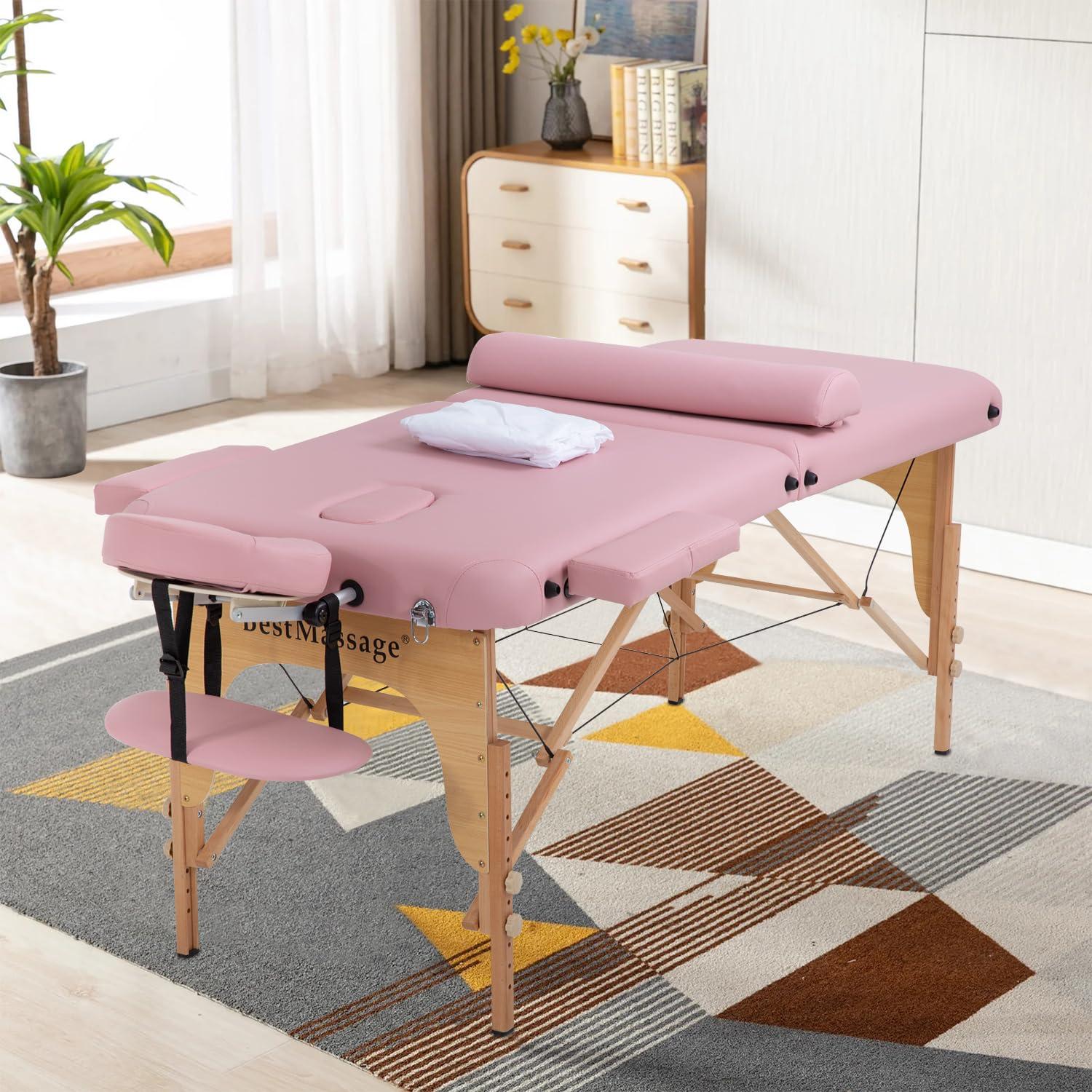 Dopinmin Dopinmin Massage Table Massage Bed SPA Bed 2 Fold Heigh Adjustable 73" Portable Salon Bed for Home Massage club Bolsters Sheets Carry Case,Pink