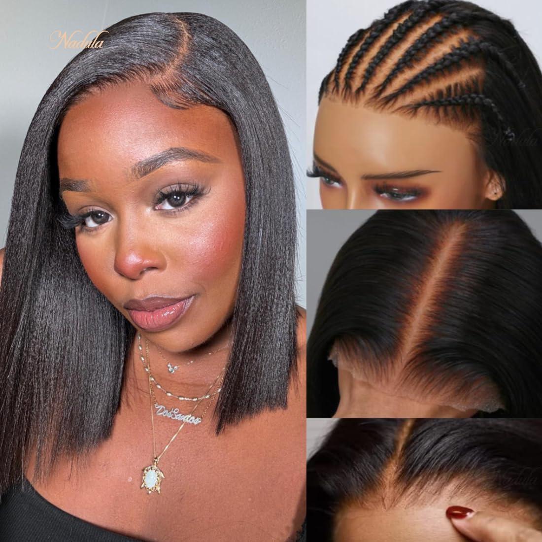 Nadula Nadula Bye Bye Knots Glueless Yaki Straight Bob 7x5 Lace Front Wigs Human Hair Pre Plucked Invisible Knots Pre Everything 3S Ready to Wear Short Yaki Bob Wigs Pre Cut 150% Density 12inch