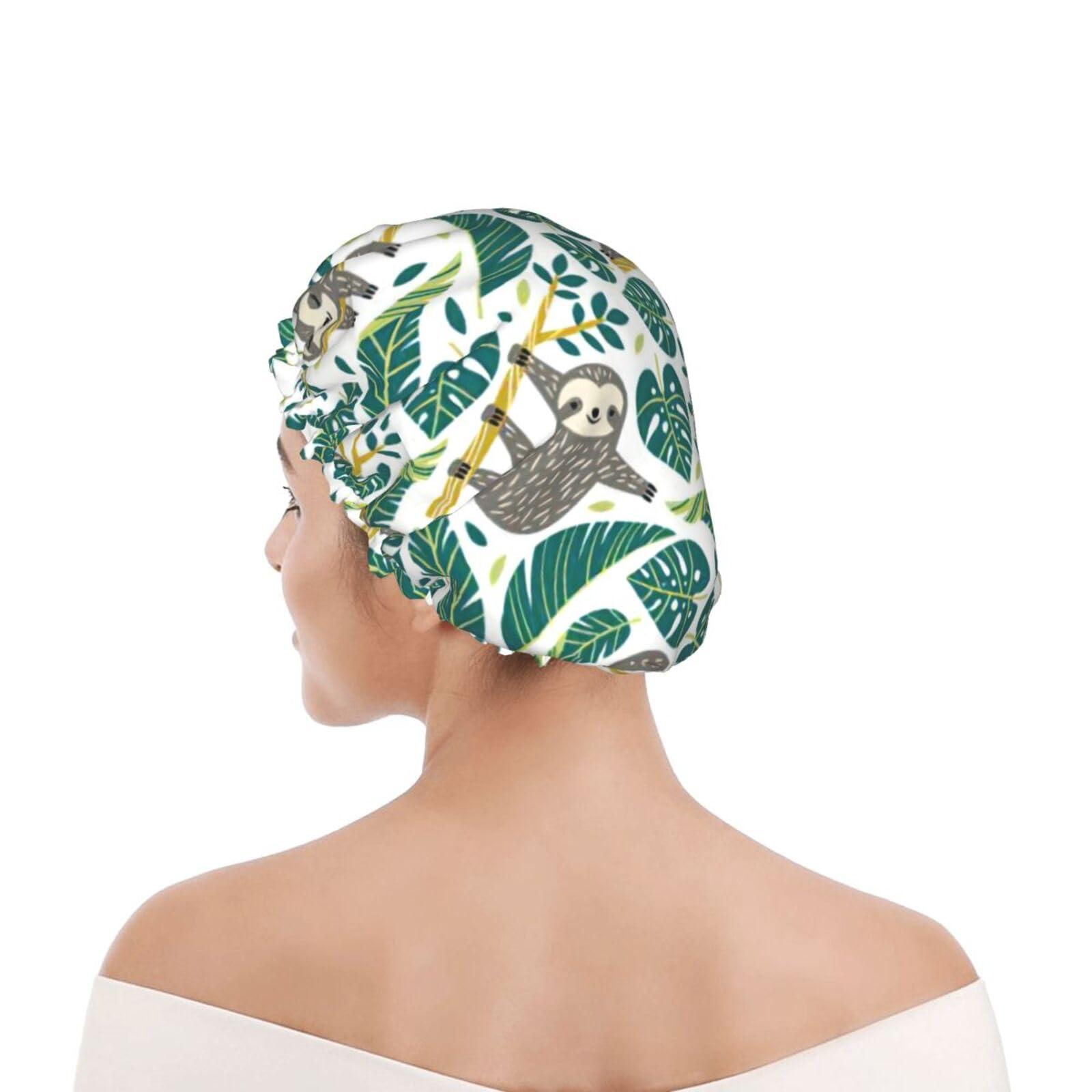 WURTON WURTON Adorable Sloth Print Soft Shower Cap for Women, Reusable Environmental Protection Hair Bath Caps