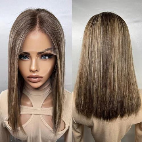 oulaer Straight Wig Human Hair Lace Front Wig HD Rooted Brunette Blonde Highlights Ombre Human Hair Wig 13X6 Lace Front Wig #4/27 Color Wig Pre Plucked for Women Natural Hairline Wig 150% Density 14Inch