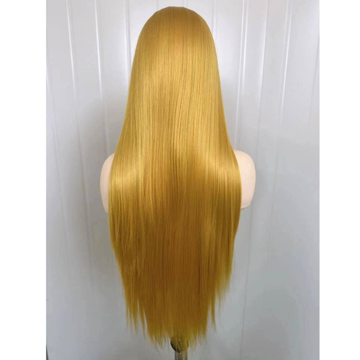 Greenmirr Greenmirr Yellow Lace Front Wig 13X4 Lace Long Straight Heated Synthetic Golden Blonde Lace Wigs 24in