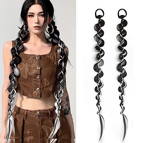 QIAORUIXIN 2PCS Long Braided Ponytail Extension, Fashion style twist Butterfly Braided with Hair Tie Straight Wrap Around Hair Extensions Ponytail Natural Soft Synthetic HairPiece for Women Black Highlights grey