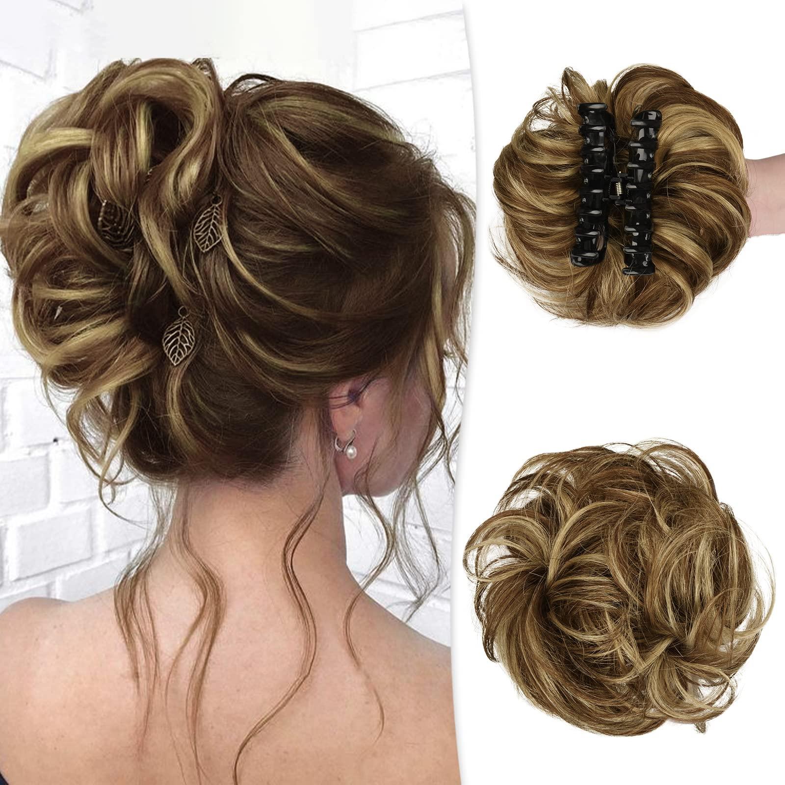 RUWISS Claw Clip Messy Bun Hair Piece Real Human Hair Buns Wavy Curly Chignon Hair Bun Extensions Tousled Updo Hair Buns Claw Clip Ponytail Hairpieces with Clip for WomenBrown with Blonde Highlights 3
