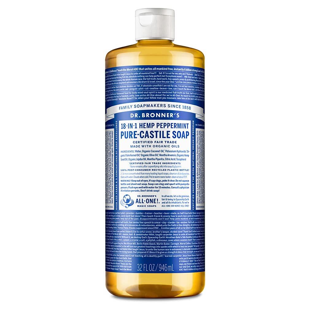 Dr. Bronner's Dr. Bronners - Pure-Castile Liquid Soap (Peppermint, 32 ounce) - Made with Organic Oils, 18-in-1 Uses: Face, Body, Hair, Laundry, Pets and Dishes, Concentrated, Vegan, Non-GMO