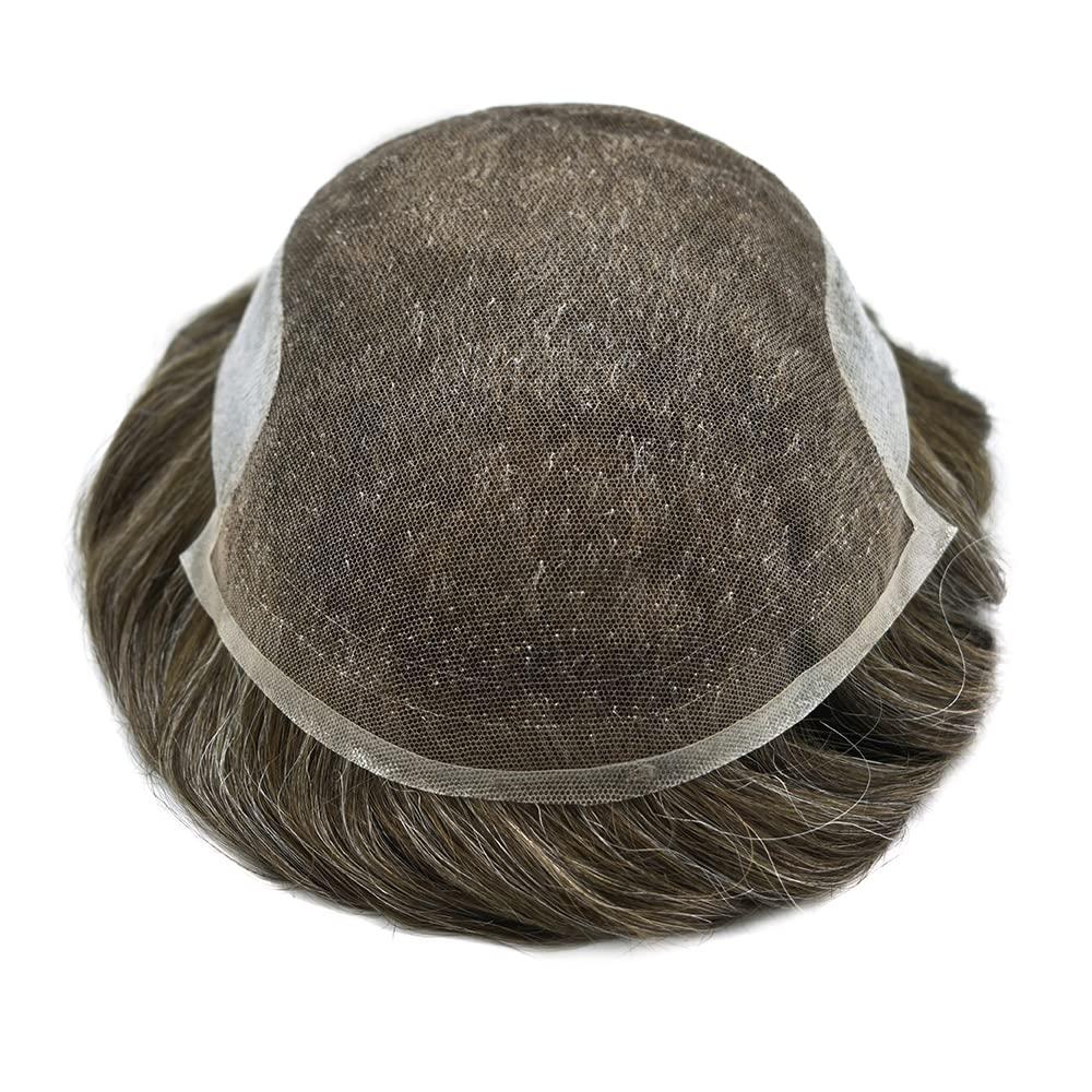 Generic Toupee For Men Swiss Lace Hair System Men Hair Pieces Real Human Hair Units Lace Front Mens Toupee White Gray Hair Replacement Bleached Knots Natural Hairline Black Brown Blonde Men Hair Systems US Stock. (7\"X9\"-90% Light Density, 430# 4# Medium Br