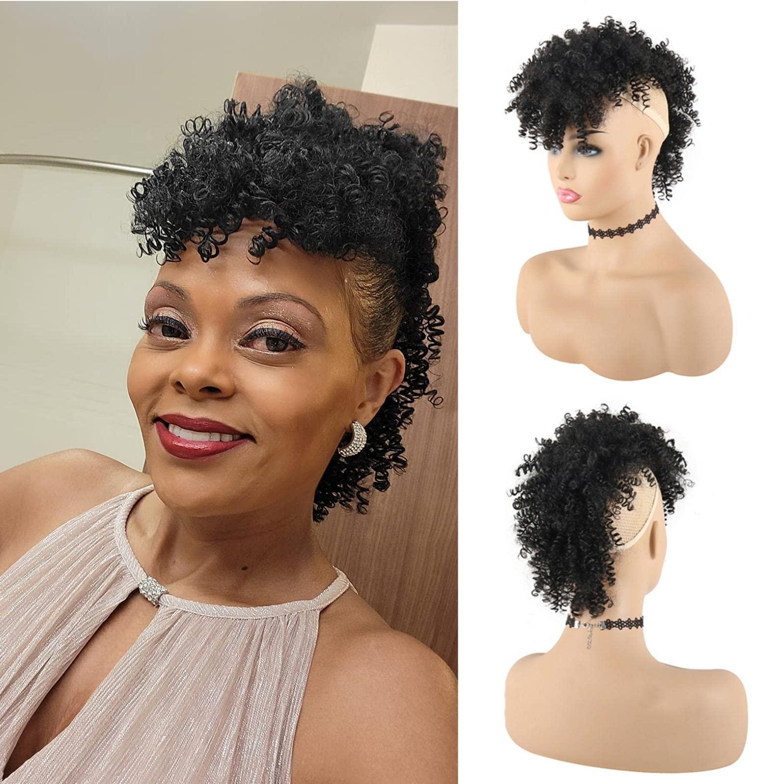 Oseti Oseti Curly Afro Mohawk Wig Faux Hawk Clip in Hair Extension for Black Women, Jerry Curly Mohawk Synthetic Clip on Mohawk Ponytail Wigs Black Fake Mohawk Pony Tail Clip on Hairpiece for Women(1B)