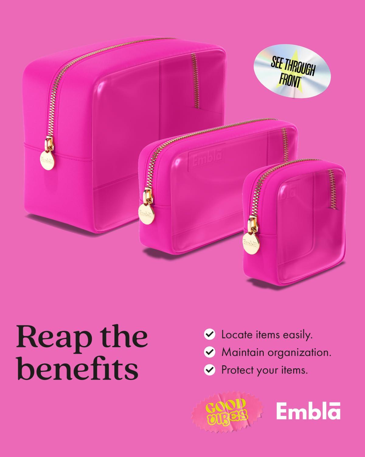 Embla Clear Cosmetic Bags Set of 3, Mini Small Large Makeup Bags For Women Clear Pouch Cosmetics Cases Zipper Cute Pouches Make Up Travel Toiletry Essentials Preppy Purse Organizer Makeup Cases, Fuchsia