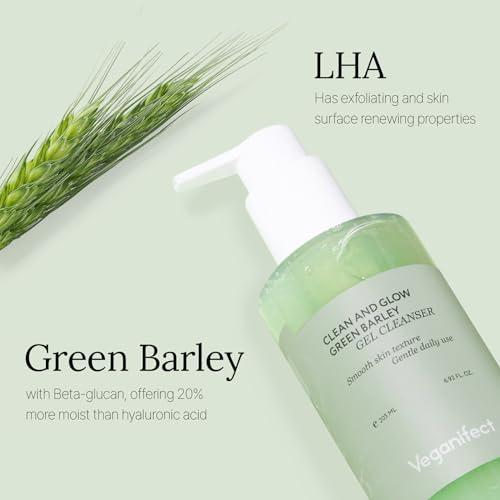 VEGANIFECT VEGANIFECT Clean and Glow Green Barley Gel Cleanser, Vegan Certified, Hydrating, Improving Skin Texture, Plant Based Oil, 6.93 Fl Oz