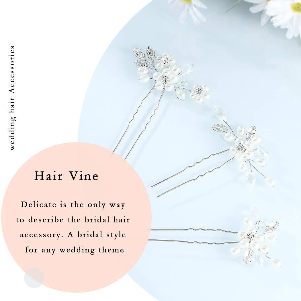 Unicra Unicra Silver Bride Wedding Hair Pins Pearl Bridal Hair Pieces Flower Hair Accessories Rhinestone Prom Hair Clips for Women and Girls (Pack of 3)