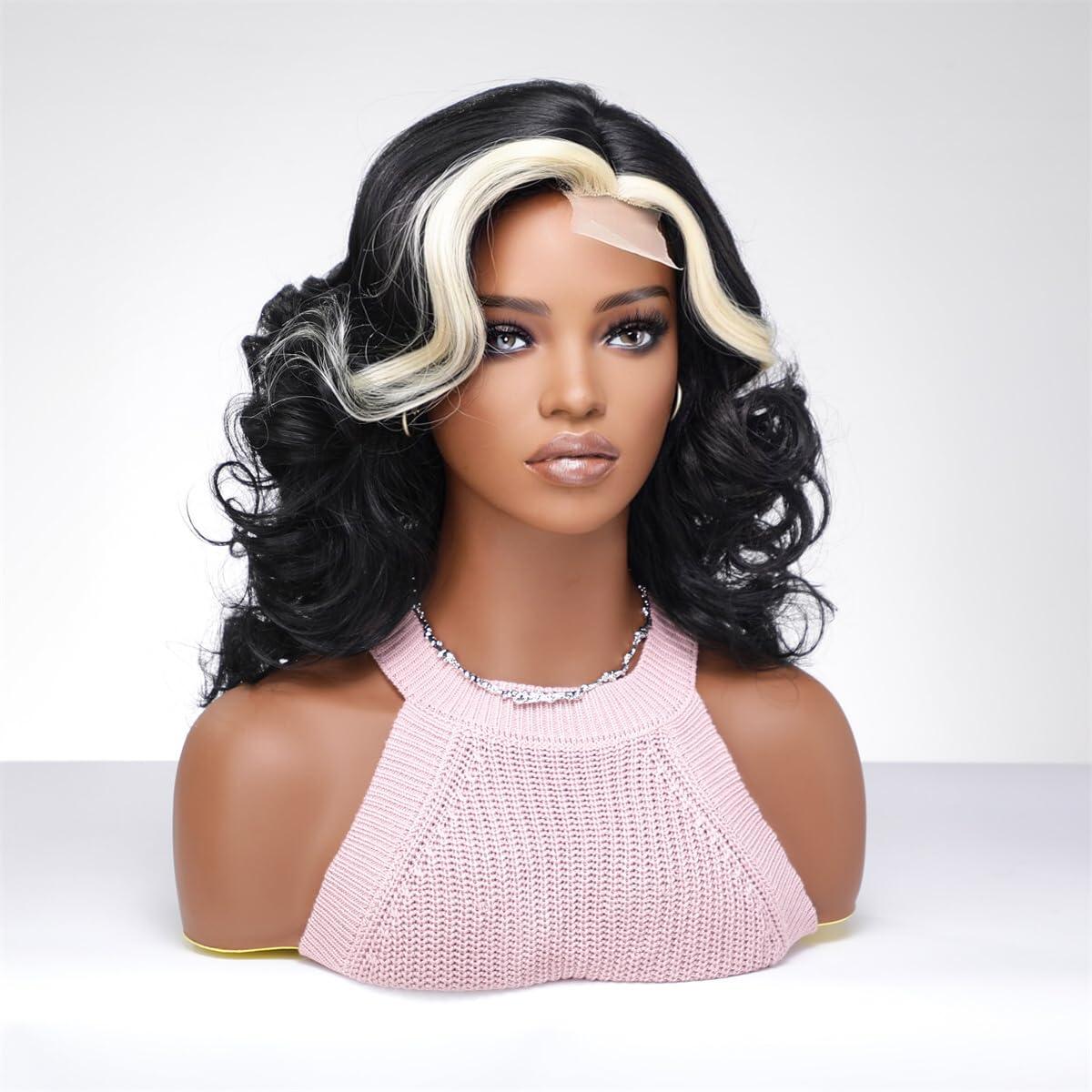 INSGOGO INSGOGO Short Wigs for Black Women Heat Resistant bob Curly Black Wig Pre Plucked Natural Like Synthetic Fiber Wigs for Daily and party Use and Cosplay(black$white)