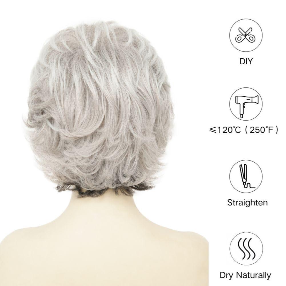 Salaibs Salaibs Short Grey Curly Wigs for Women Gray Old Lady Wig with Bangs Natural Synthetic Daily Party Cosplay Wig