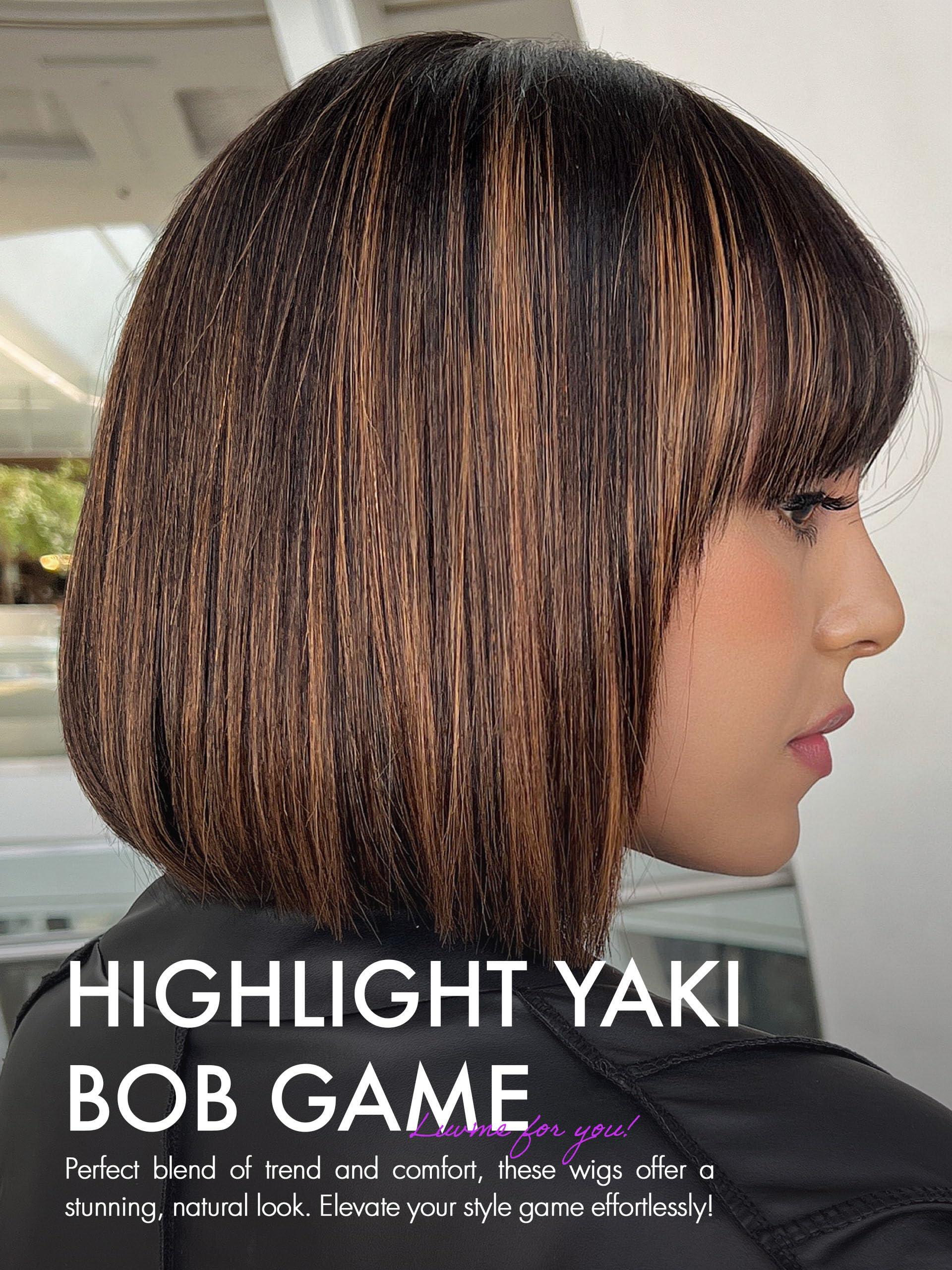 LUVME HAIR LUVME HAIR 10 Inch Yaki Straight Bob Wig with Bangs Human Hair Glueless HD Lace Bob Wig with Brown Highlights, Ready to Go Short Wigs For Women 180 Density (Breathable Cap)