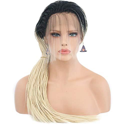 CHENG RUO Hair Cap+26'' Braided Lace Wigs Ombre Blonde Hair with BLack Roots for Women Synthetic Heat Resistant Long Braided Wigs Glueless Half Hand Tied Blonde Micro Braids Lace Front Wig