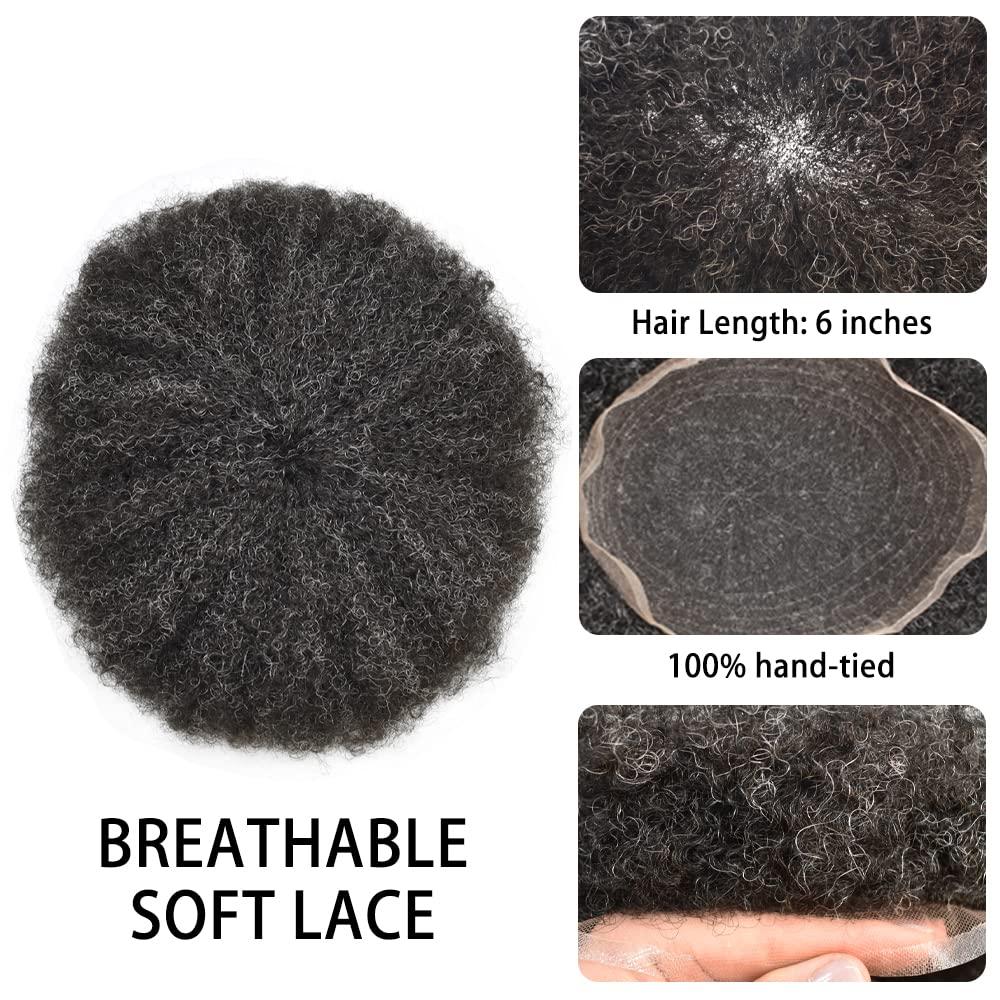 Healthlif Afro Curl Toupee for Black Men Full Lace Hair Toupee African American Coily Hunman Hair Replacement Systems For Black Men Natural Hairline Breathable French Lace Afro Toupee Kinky Curly Black Mens Unit (8\'\'X10\'\', #1 JET BLACK-10MM wave)