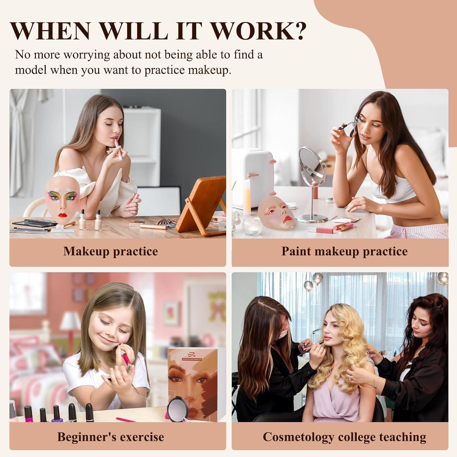 SWHDT Practice Makeup Face, Face Painting Mannequin Head with Stand, 5D Reusable Silicone Makeup Face Practice, Mannequin Head for Makeup with Makeup Kit, Practice Face for Makeup Artist & Beginner, Pink