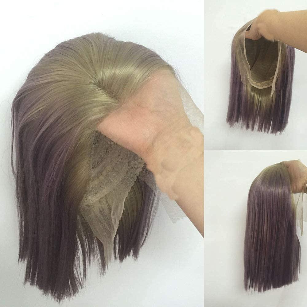 karissa Hair Purple Blonde Short Bob Wigs for Women Ombre Lilac lace front Wig Straight Glueless Blonde Ash Lavender Synthetic Hair Short Wigs Pre Plucked Natural Hairline Cosplay Drag Queen Daily Party Wig 14\"