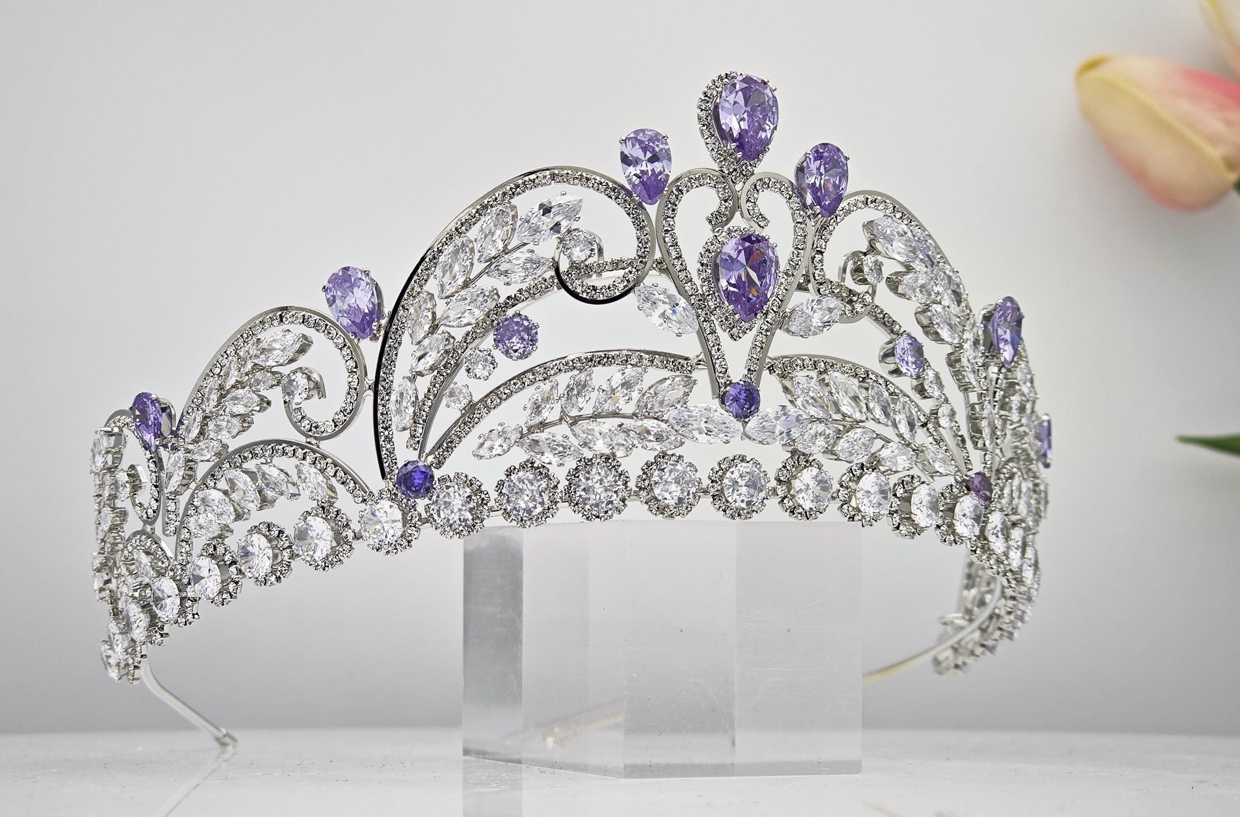 QXMYOO Light Purple Quinceanera Crowns and tiaras lavender Sweet 16 Birthday Crowns for Girls Cubic Zirconia CZ Wedding Headpiece Silver Hair Accessories