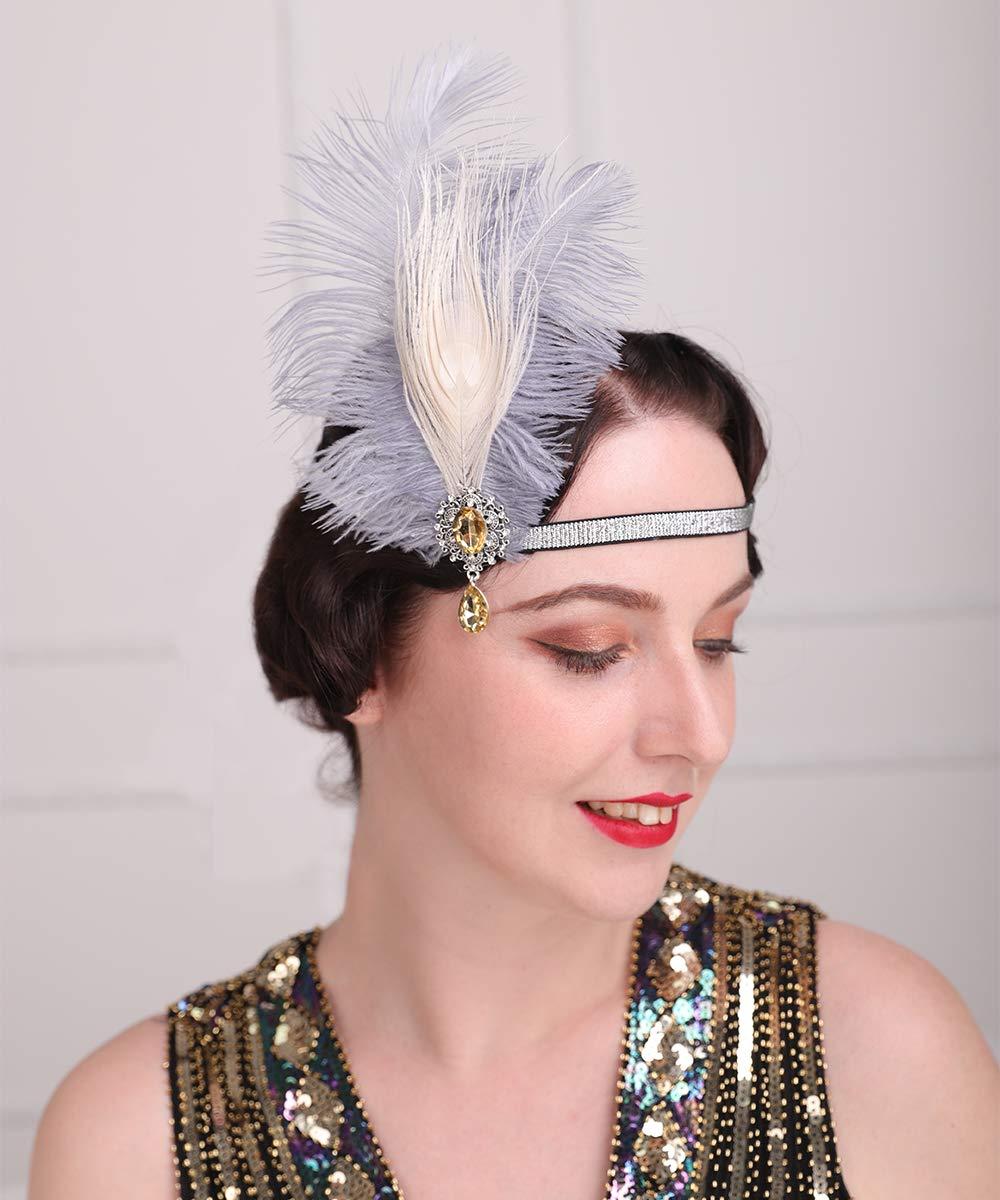 Aimimier Aimimier 1920s Flapper Peacock Feather Headband Gray with Elastic Band Crystal Teardrop Costume Themed Party Feather Headpiece Hair Accessories for Women