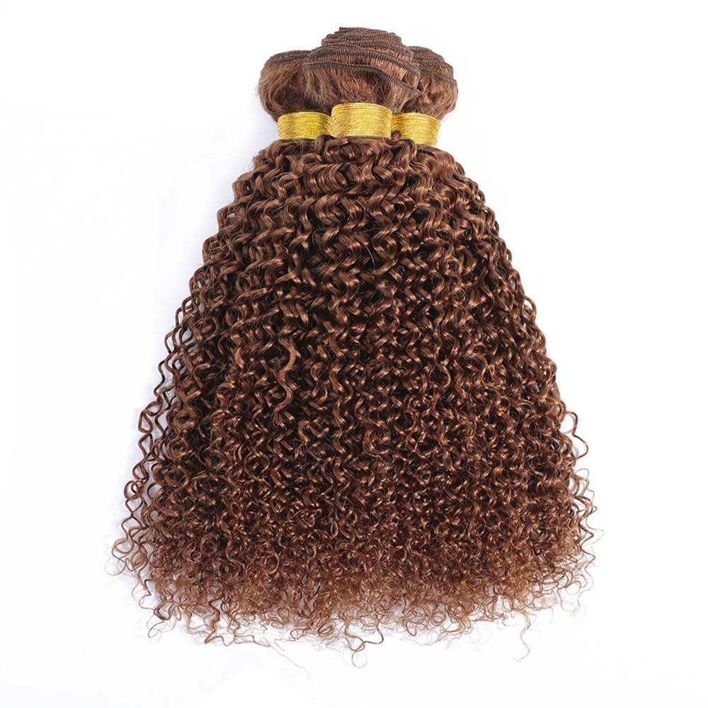 Yuksoocosh Color #30 Bundles Human Hair Brown Kinky Curly Bundles Light Brown Curly Hair Bundles 16 18 20 inch Double Weft Brazilian Remy Hair Extensions Wet and Wavy Bundles Silky Soft for Black Women