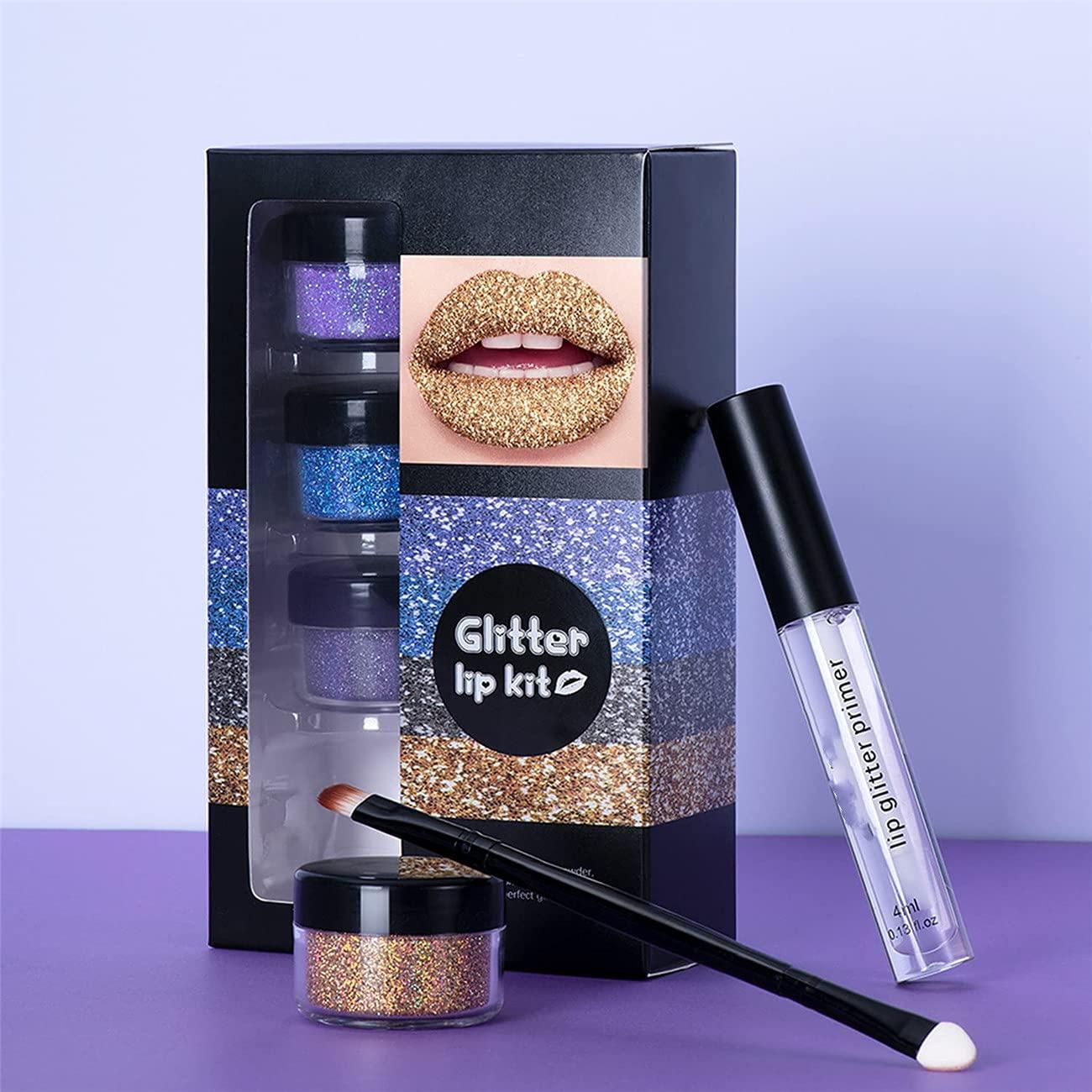 LELEBEAR LELEBEAR Glitter Lip Gloss Set, 4 Colors Diamond Glitter Metallic Lipstick Waterproof and Stain Resistant Lip Balm with Lip Gloss and Brush (Cool colors, Medium)