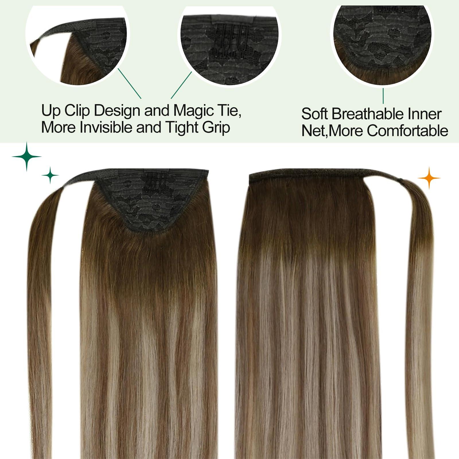 Easyouth Easyouth Ponytail Extension Human Hair Balayage Pony Tails Hair Extensions Human Hair Blonde Ponytail Hair Extension Darker Brown Fading to Ash Blonde 18Inch 80g #3/8/22