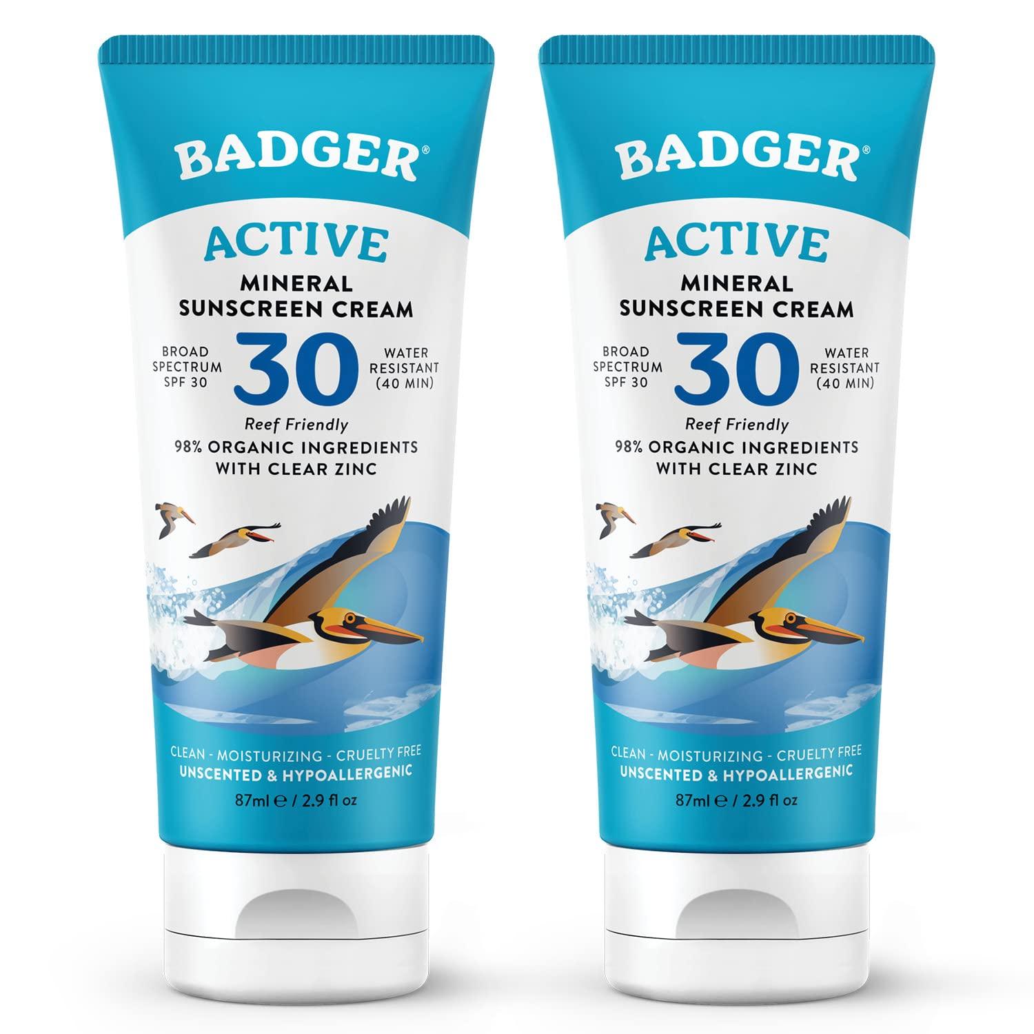 Badger Badger Mineral Sunscreen Cream SPF 30, All Natural Sunscreen with Zinc Oxide, 98% Organic Ingredients, Reef Safe, Broad Spectrum, Water Resistant, Unscented, 2.9 fl oz (2 Pack)
