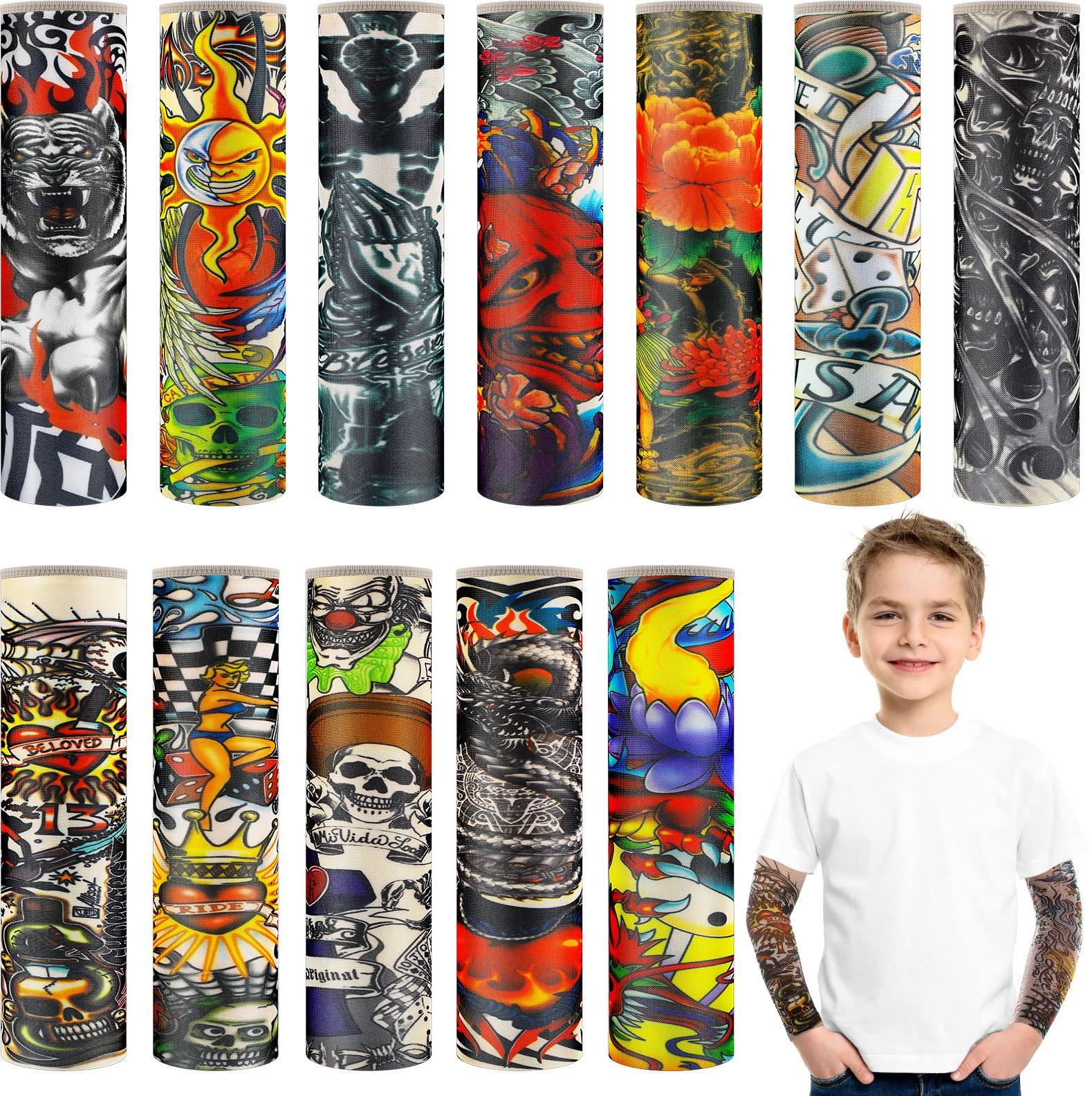 Hicarer 12 Pieces Tattoo Arm Sleeves for Kids Temporary Kids Tattoo Sleeve UV Sun Protection Kids Arm Sleeves (Rich Pattern)