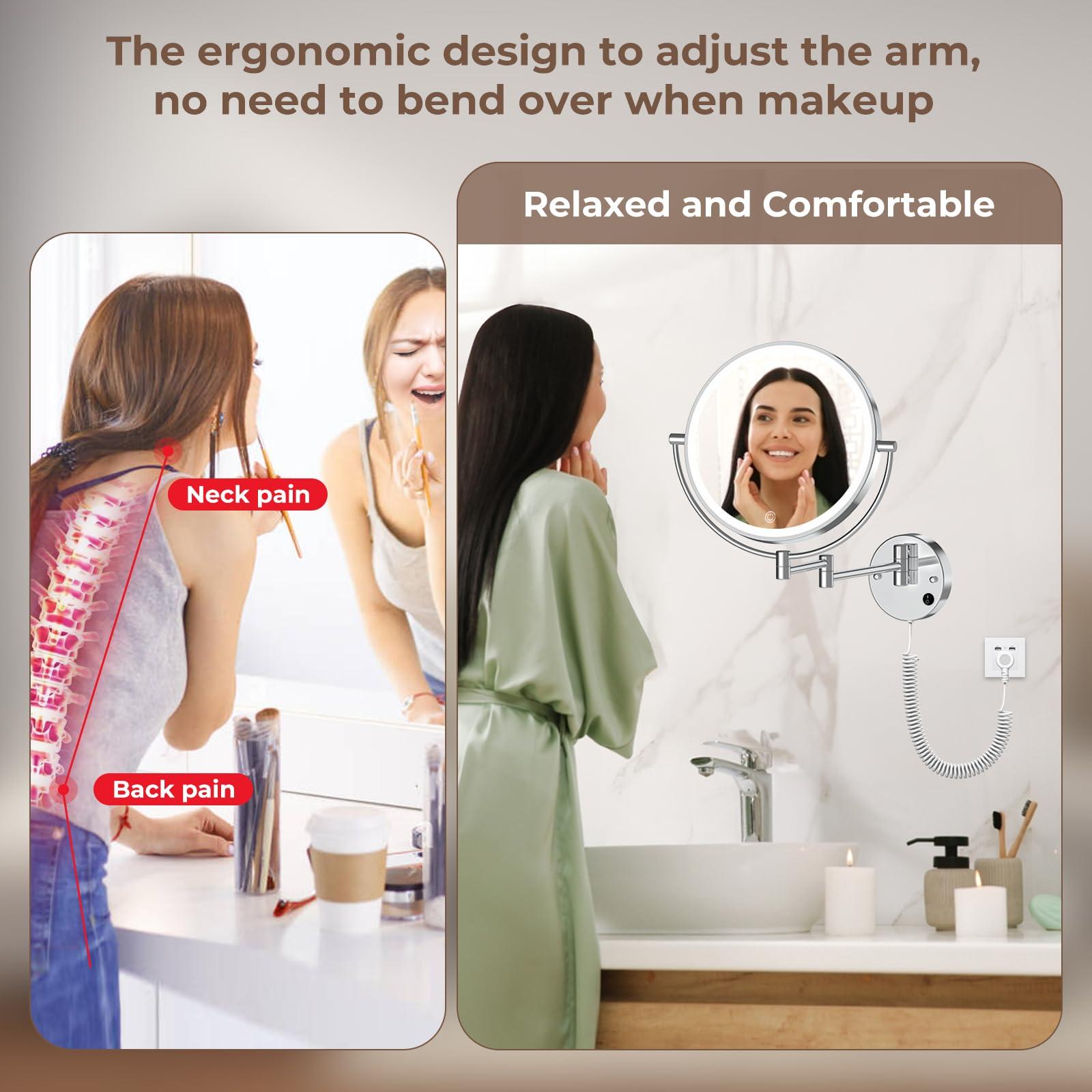 Rocollos Rocollos 9\" Plug-in Wall Mounted Lighted Makeup Mirror 1X/10X Magnification, Super Large Double Sided LED Vanity Mirror for Bathroom, 3 Color Dimmable 360Swivel Extendable Shaving Cosmetic Mirror