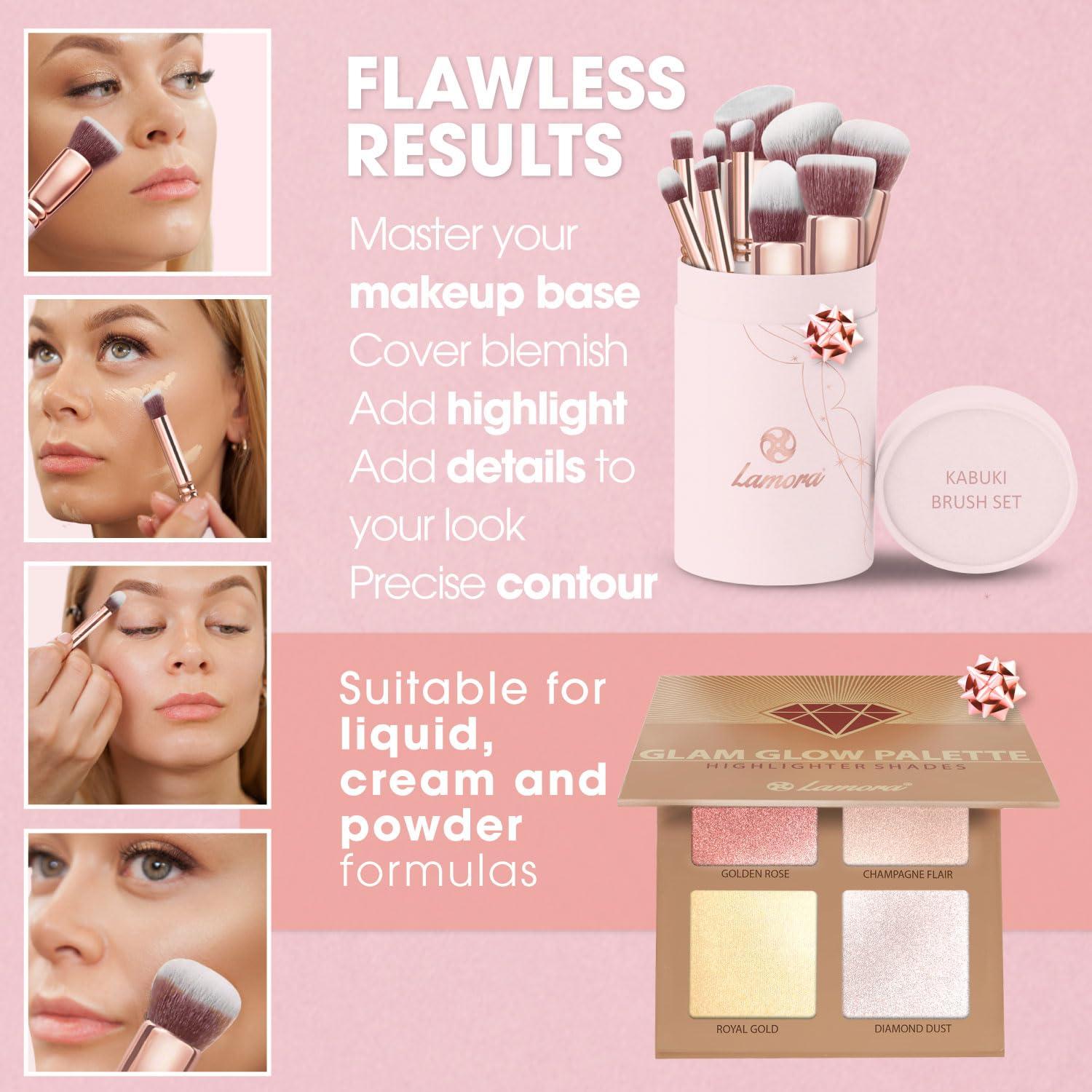 Lamora Kabuki Makeup Brush Set with Powder Highlighter Palette