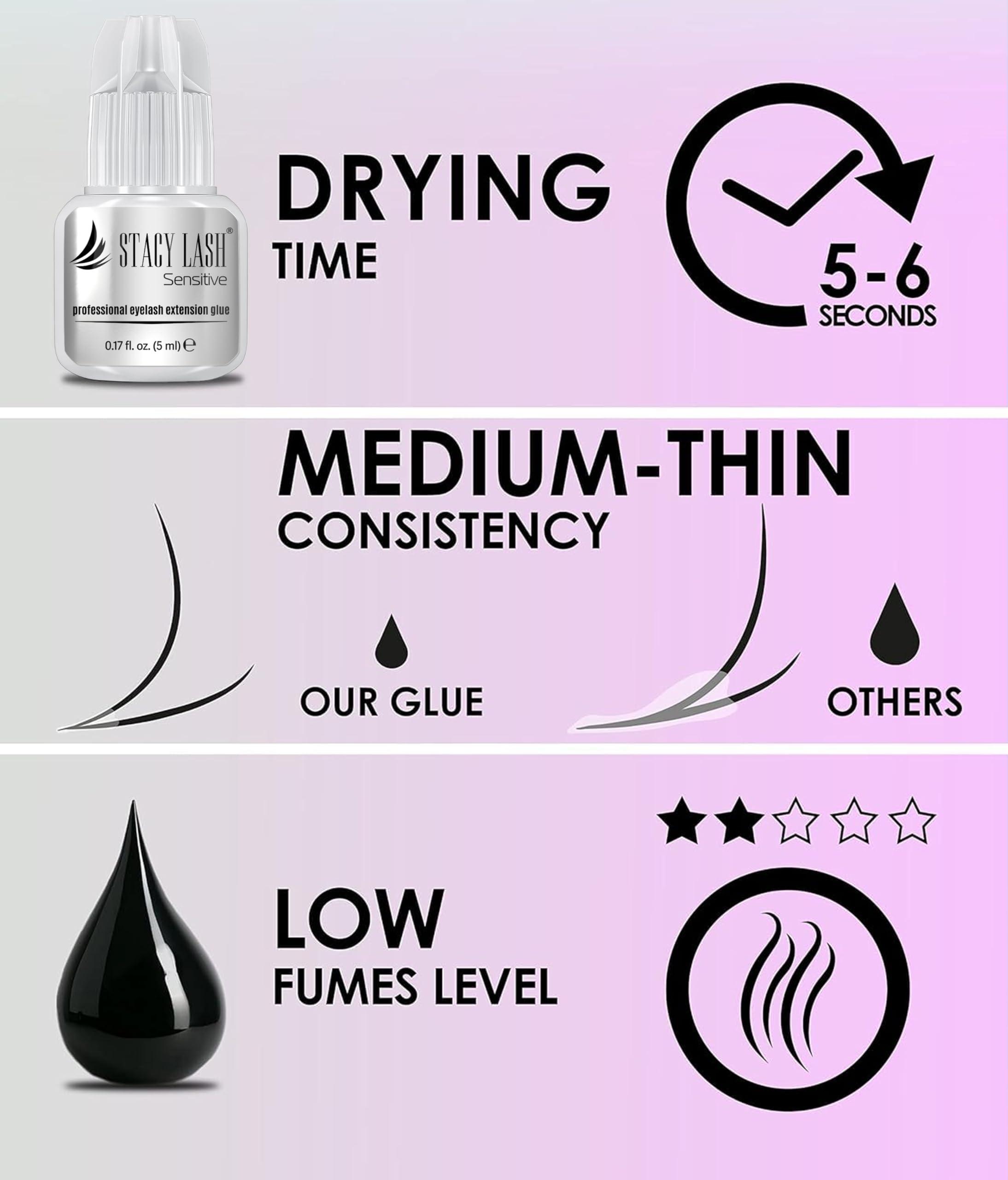 STACY LASH Sensitive Eyelash Extension Glue Stacy Lash 0.17fl.oz/5ml / 5-6 Sec Drying time/Retention 4-5 Weeks/Black Adhesive/Professional Supplies