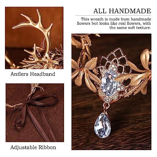 MOSTORY MOSTORY Gold Fairy Antler Crown - Woodland Flower Deer Horns Headpiece Elf Forest Ciecle for Women Renaissance Cosplay Ren Faire Outfit Hallween Costume
