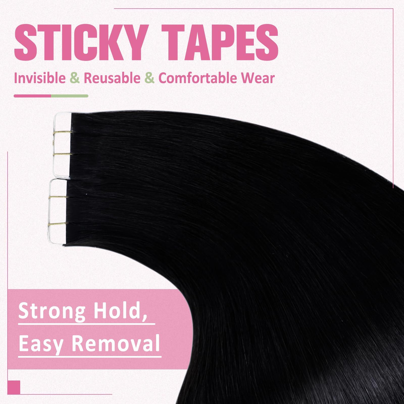 YoungSee YoungSee Black Tape in Hair Extensions Real Human Hair 14Inch Invisible Tape in Hair Extensions Human Hair Jet Black 50g Tape Extensions Human Hair Black for Women 20pcs Easy to Apply Hair Extensions