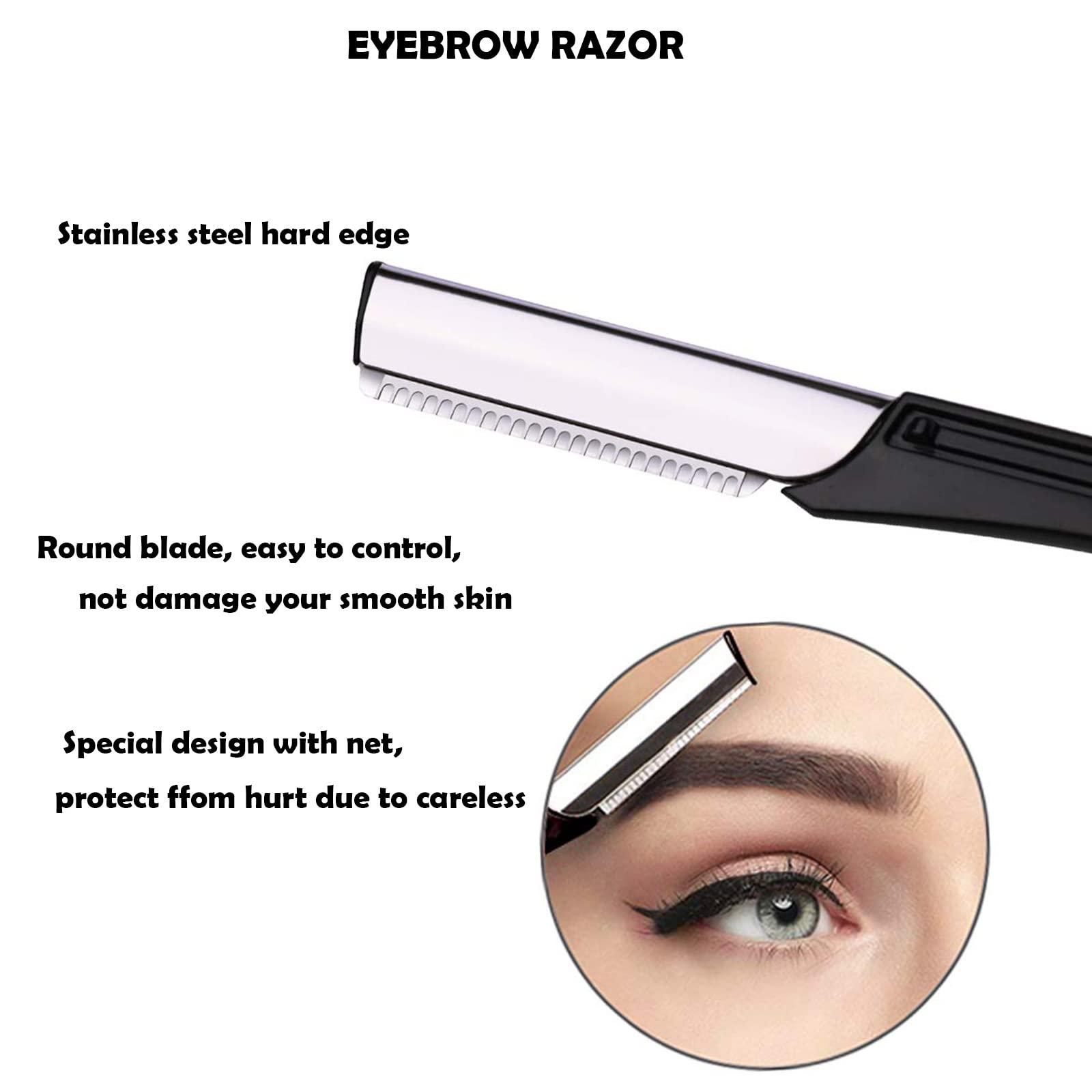 DELAYNOMORE77 Eyebrow Razor Kit, 6 in 1 Professional Eyebrow Grooming Set for Women and Men, Including 3 Eyebrow Razors Trimmer,1 Tweezer,1 Scissor,1 Eyelashes Roller,1 Storage Bag