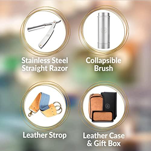 Naked Armor Stainless Steel Straight Razor Travel Kit - Shave Ready Straight Edge Razor, Stainless Steel Straight Razor for Men, Collapsible Shave Brush, Razor Strop, Leather Case, Lightweight, Perfect for Travel
