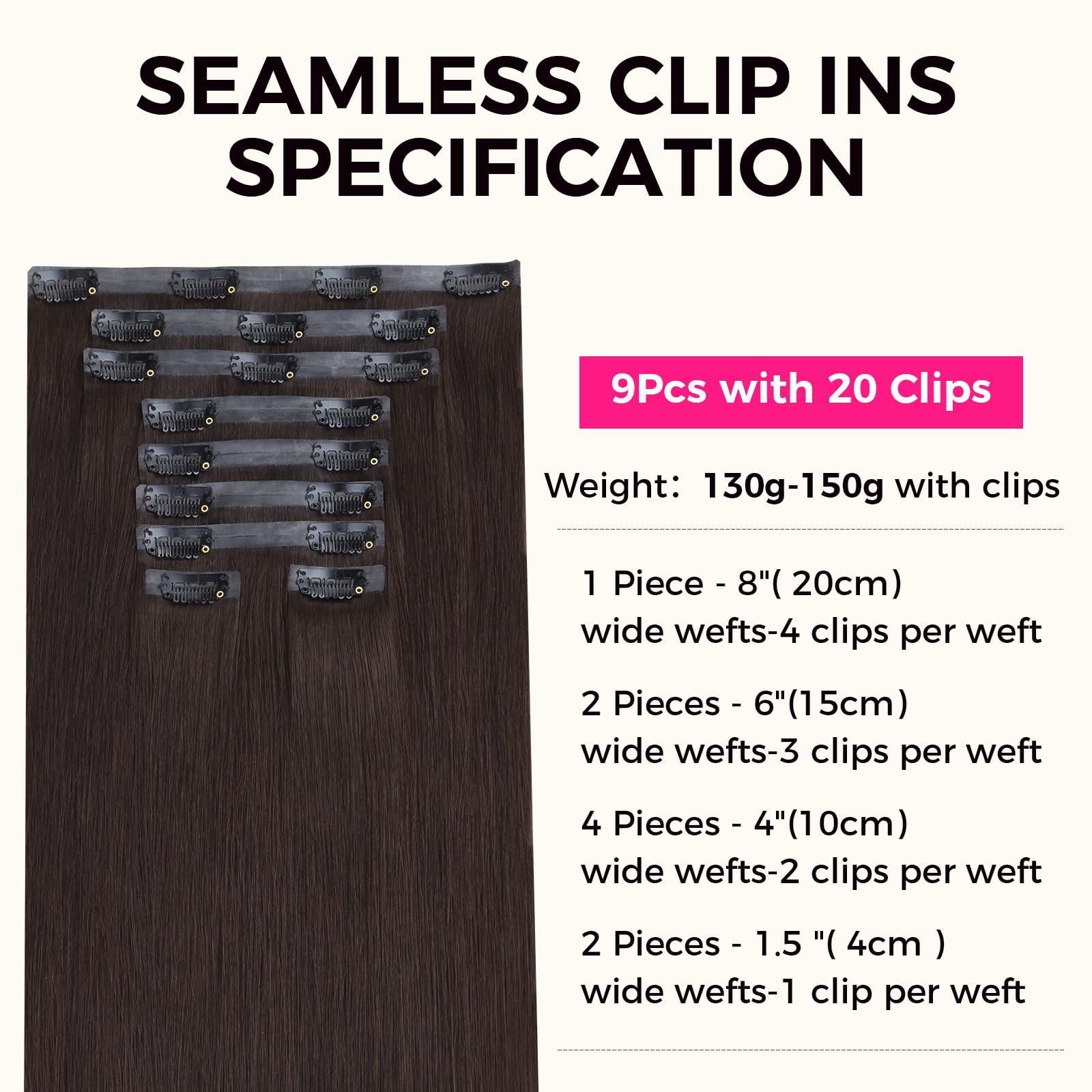 Lashey Lashey Seamless Clip in Hair Extensions Human Hair 130g 9pcs #2 Dark Brown Straight 14 Inch Clip in Hair Extensions for Women Hair Extensions with PU Soft Invisi Edge