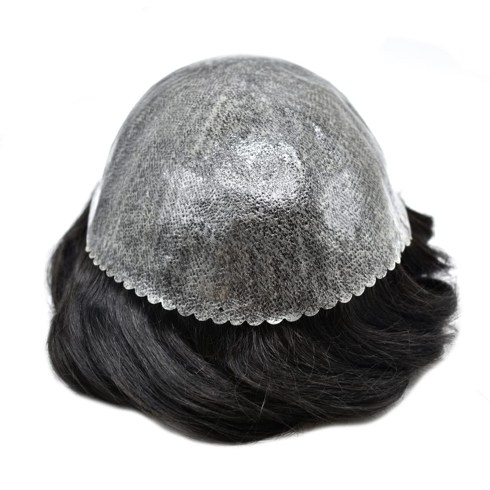 LHC Mens Toupee Full Poly Injection Pu Human Hair System for Men Natural Hairline Hair Unit Replacement Wig (#1 Jet Black)