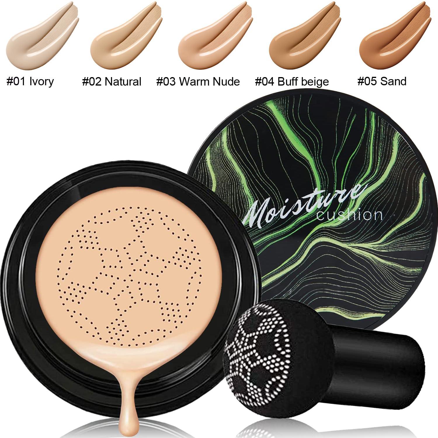 Hilareco Mushroom Head Air Cushion CC Cream Natural Foundation,Phoera Powder, Bright Makeup Base Long Lasting with Makeup Sponge and Flat Top Kabuki Foundation Brush (#03 Warm Nude)