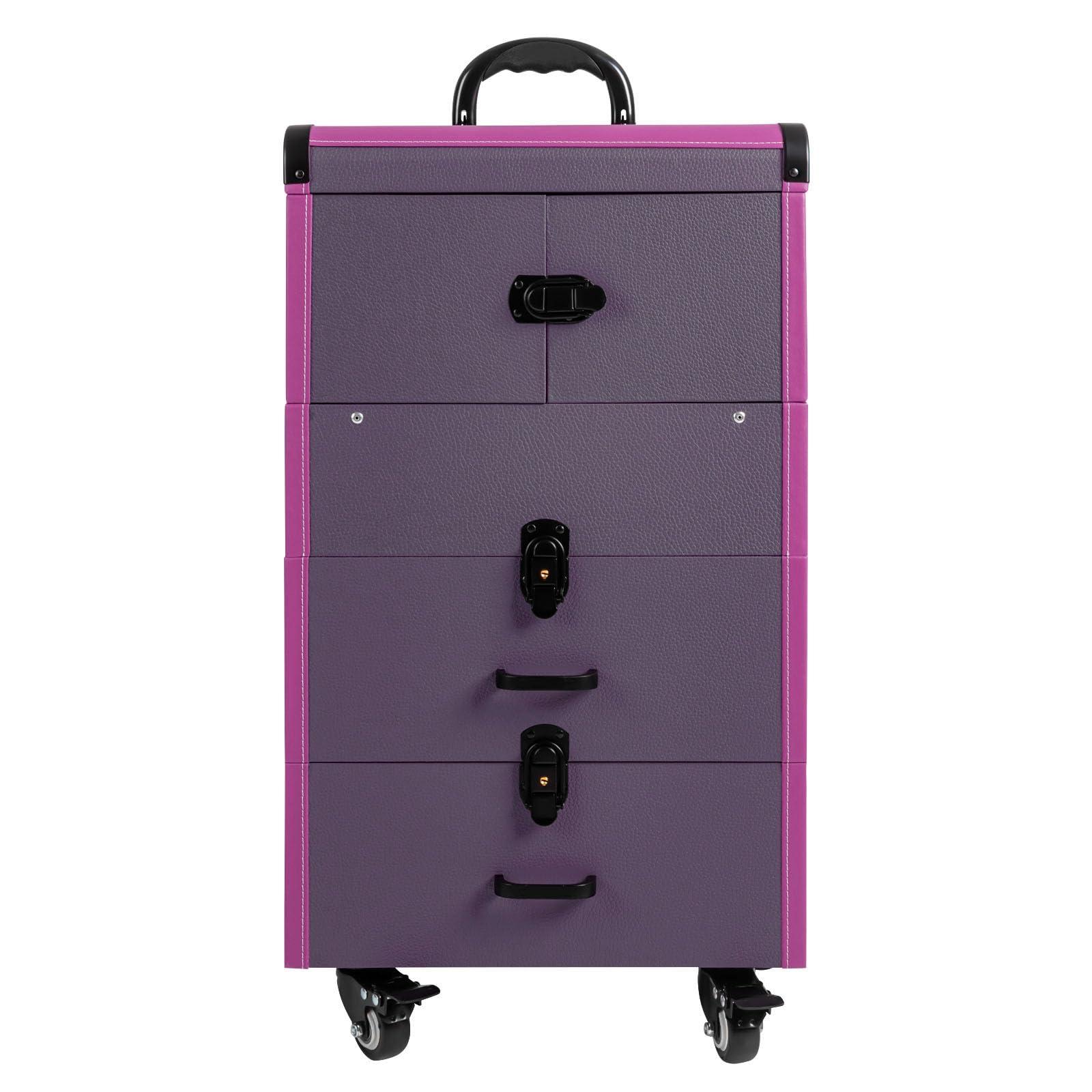 CapBoator 3 in 1 Professional Makeup Trolley Cart, Large Storage Rolling Makeup Case 4 Tray 2 Drawer, Lockable Cosmetic Train Case with Wheels, Salon Barber Case Traveling Cart for Hairstylist, Black (Purple)