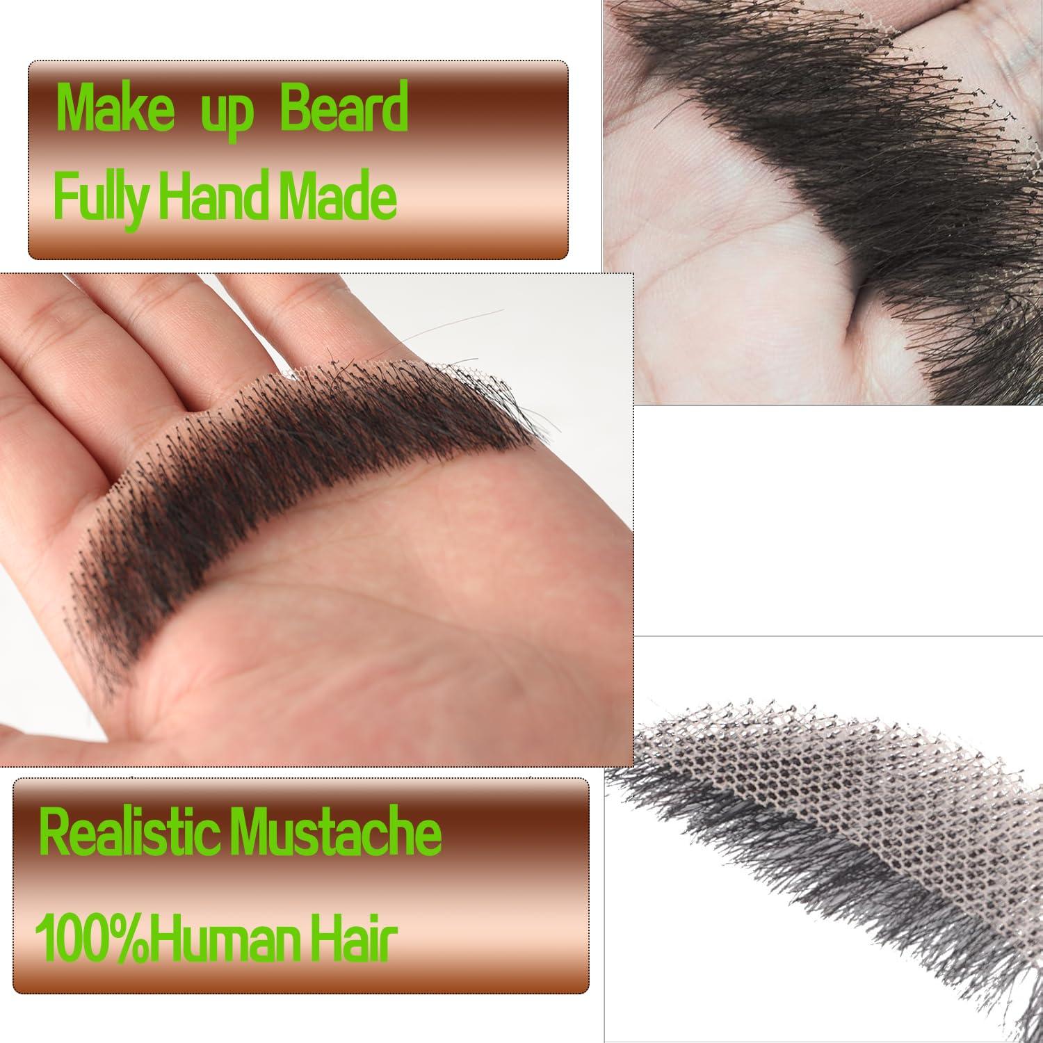 VIJIGIA Human Hair Full Hand Tied Realistic Fake Mustache Brown Human Hair Jack Sparrow Fake Beard Fake Goatee Costume Beard Fake Facial Hair Lace Beard for Women Halloween Funny Cosplay CostumeBLACK