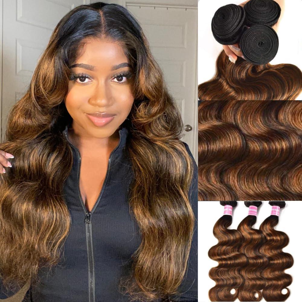 KLAIYI KLAIYI Ombre Brown Highlight Body Wave Human Hair Extensions 3 Bundles of 14 16 18Inch Balayage Honey Blonde Virgin Hair Weaves for Women Double Wefts Wavy Remy Hair with Dark Roots Sew In Piano Color