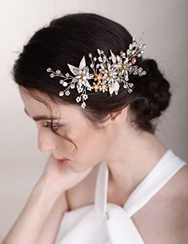 Chargances Chargances Wedding Crystal Flower Hair Comb for Women Bridal Pearl Beaded Hair Side Comb Fashion Leaf Flower Hair Vine Comb Rhinesotne Headpieces Bride Wedding Prom Flower Girl Hair Accessories