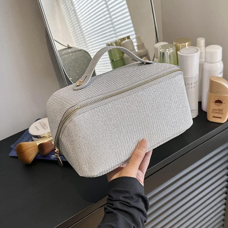Cessfle Large Capacity Travel Cosmetic Bag Glitter Makeup Bag Everything Sparkly Shiny Make up Bag Portable Sequin Toiletry Travel Bag with Handle and Divider for Women (Silver)