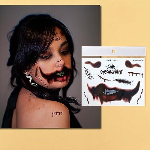 BWDCQMX Halloween Clown Horror Mouth Tattoo 3D Fake Scars Tattoo Temporary Scary Big Mouth Face Tattoos Decals Kits Prank Props for Halloween Cosplay Party Decorations