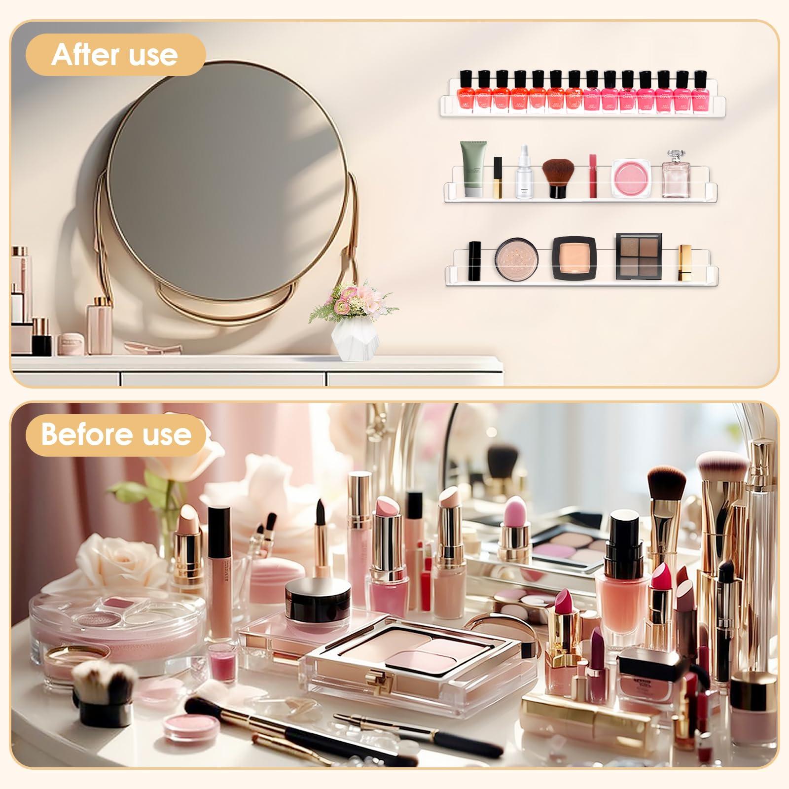 AumVum AumVum 6 Pack Nail Polish Organizer Wall Mounted Shelf with Removable Anti-Slip End Inserts, Paint Rack Acrylic Organizers Display for Wall, Nail Polish Rack Displays 90 Bottles, 15 Inch